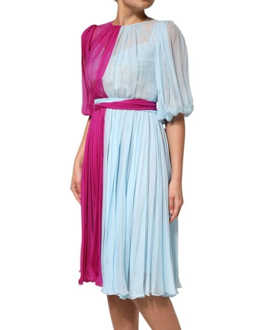 Dolce & Gabbana Pink Fuchsia Light Blue Silk Two Tone Midi Dress
