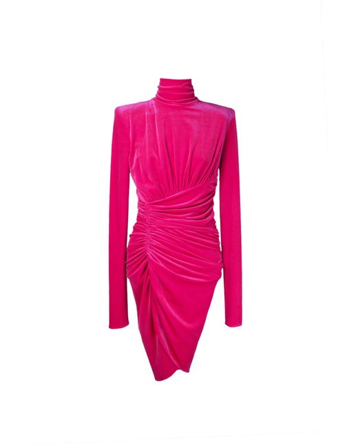 Alexandre Vauthier Pink Ruched High Neck Velvet Dress