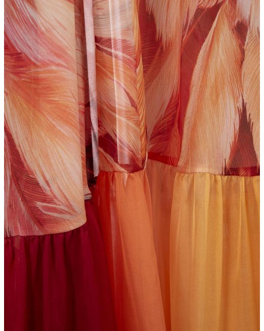 Roberto Cavalli White Long Sleeveless Silk Dress With Plumage Print