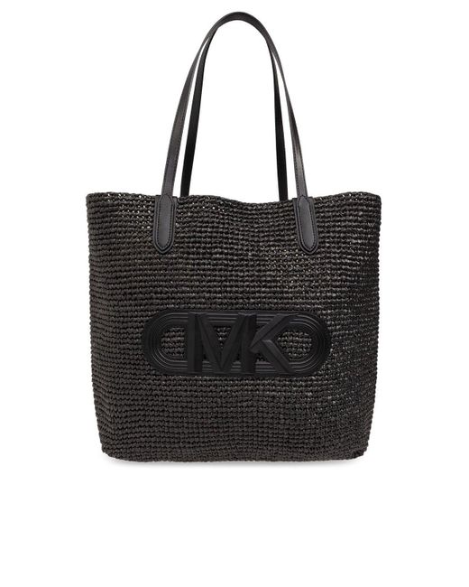 Michael Kors Black Eliza Extra-Large Empire Logo Straw Tote Bag