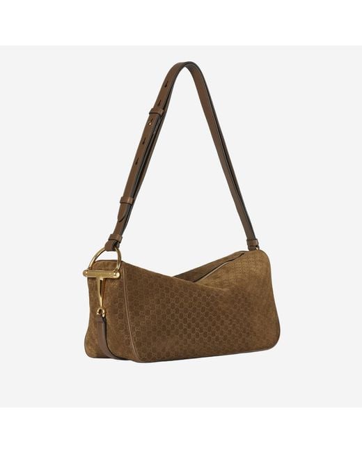 Gucci Brown Half Horsebit Shoulder Bag Suede Handbags