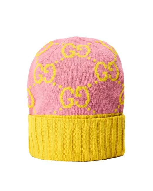 Gucci Pink Gg Monogram Wool Beanie Accessories Beanies & Hats