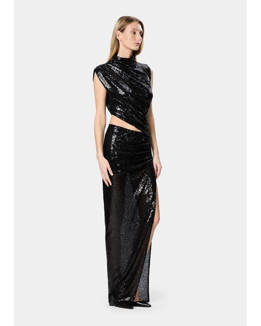 Amazuìn Black Sequined Stretch Tulle Detachable Maxi Dress With Cut-Out Detail And Side Slit