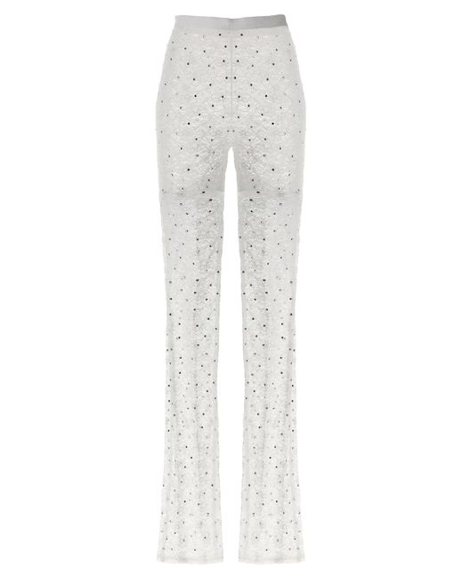 Alessandra Rich White Rhinestone-Embellished Lace Leggings With Flared Silhouette