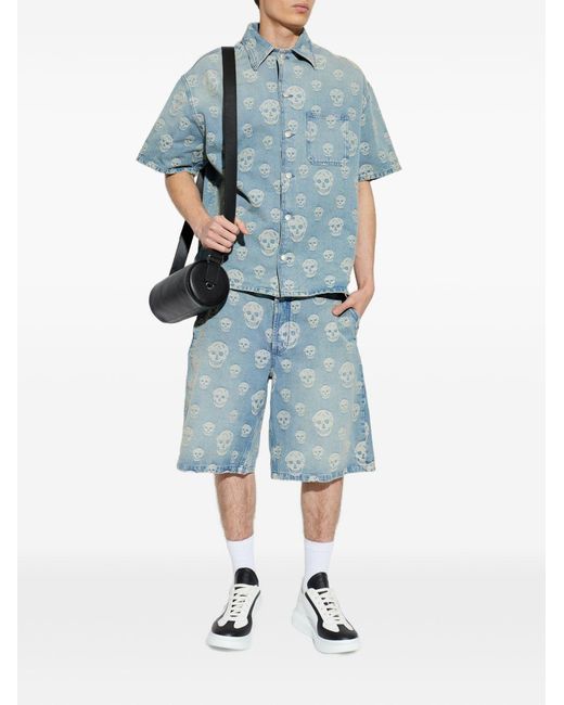 McQueen Blue Short-Sleeved Light Jacquard Cotton Denim Skull Shirt With All-Over Skull Motif for men