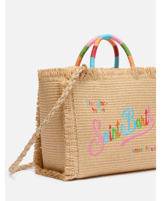 Mc2 Saint Barth Natural Colette Straw Effect Handbag With Logo Embroidery Bag