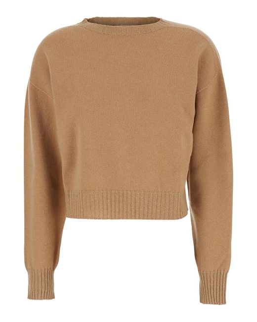 Twinset Natural Crew Neck Sweater With Dropped Shoulder And Ribbed Details