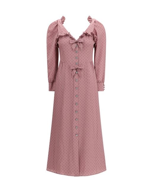 Alessandra Rich Pink Polka Dot Midi Dress With Ruffles Silk