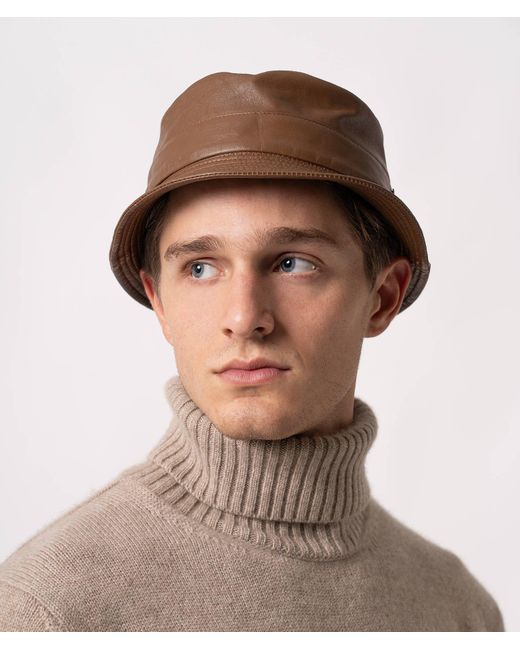 Larusmiani Brown Leather Bucket Hat Cap for men