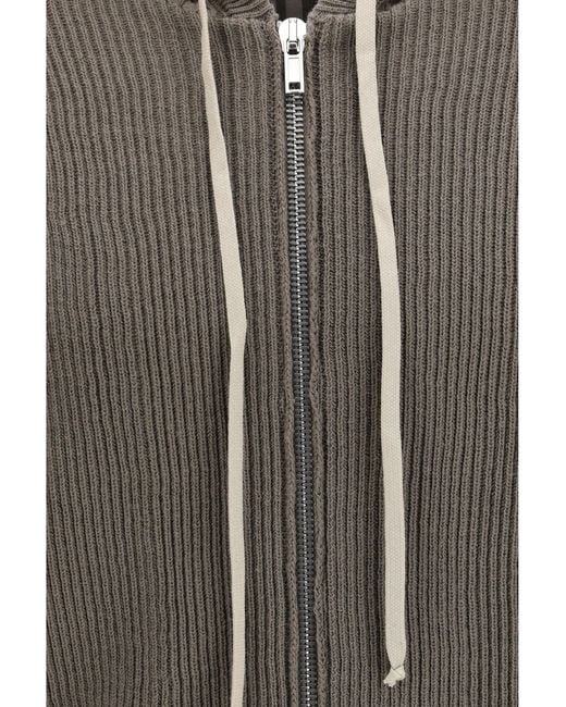 Rick Owens Gray Ribbed Virgin Wool Knit Hoodie Fleece Ovis Aries Knitwear for men