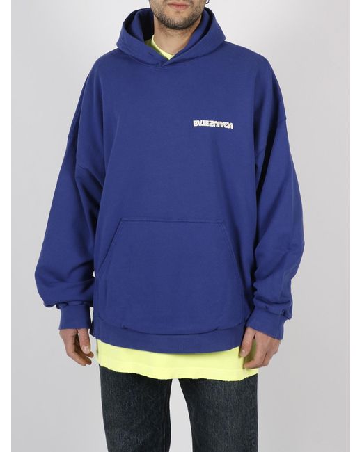 Balenciaga Reverse Back Logo Hoodie in Blue for Men | Lyst