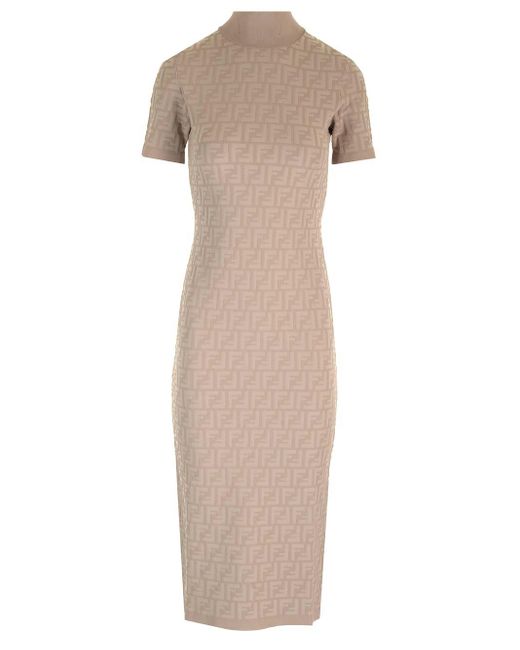 Fendi Natural Knitted Dress With All-over Pattern
