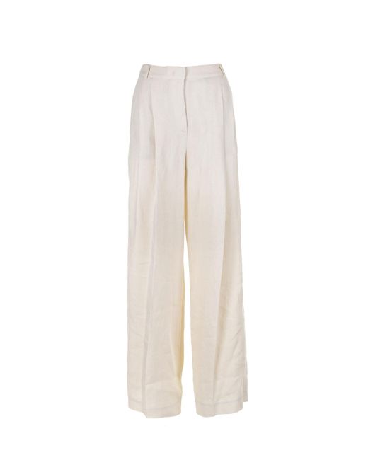 Eleventy White High-Waisted Linen Trousers