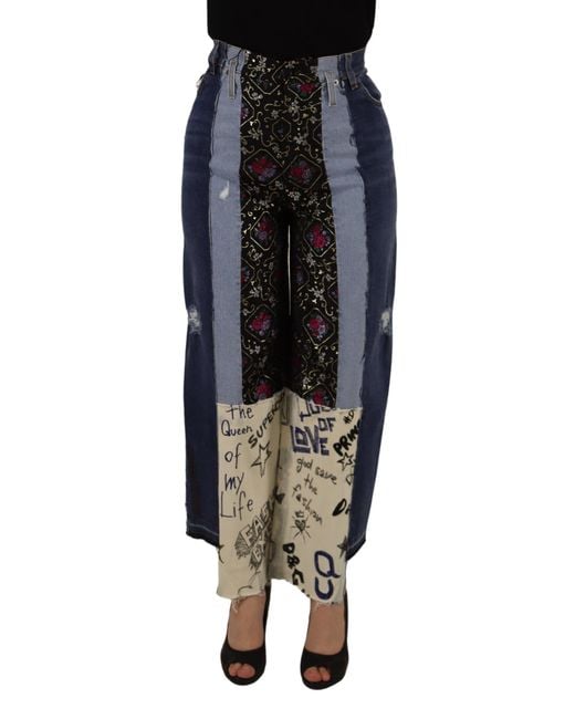 Dolce & Gabbana Black Patchwork Dg Fashion Wide Leg Denim Pant Cotton