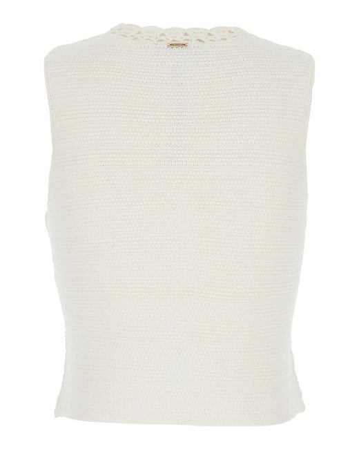 Twinset White V-Neck Crochet Knit Vest