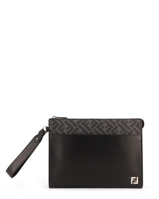 Fendi Black Squared Ff Leather Clutch for men