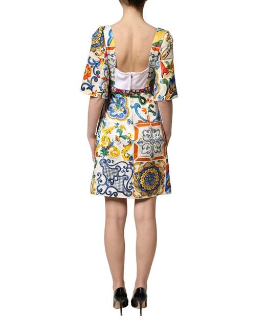 Dolce & Gabbana Multicolor Majolica Silk Cotton Mini Gown Dress