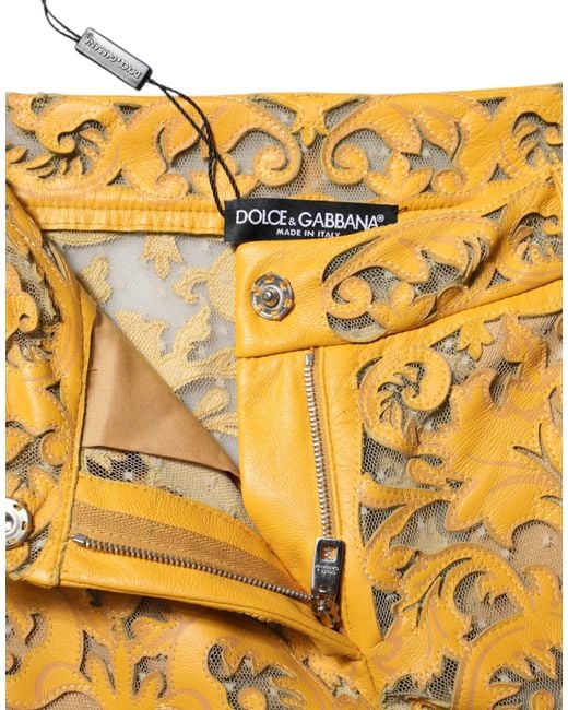 Dolce & Gabbana Yellow Floral Laser Cut Leather Pants for men