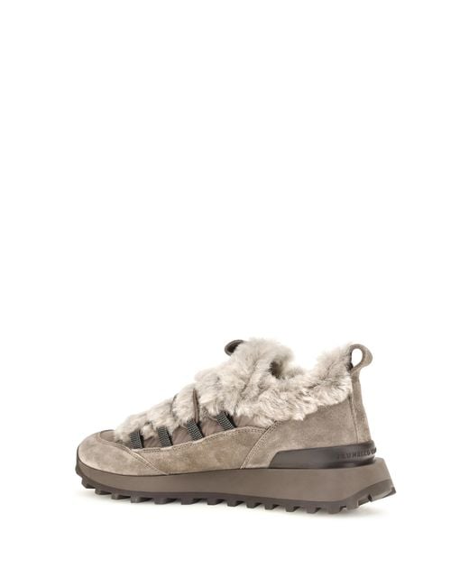 Brunello Cucinelli White Suede Shearling-Lined Sneakers Upper: Trainers