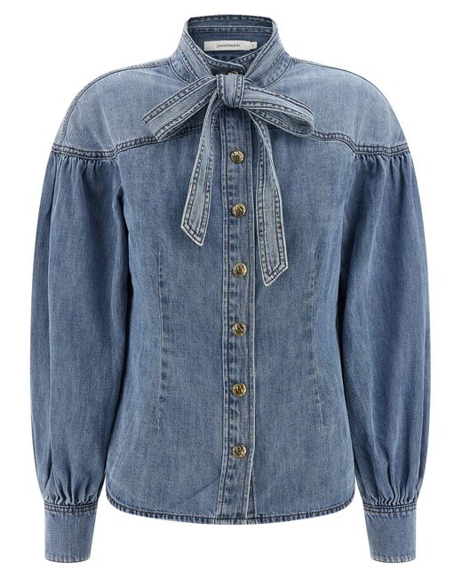 Zimmermann Blue Cotton Denim Shirt With Mandarin Collar
