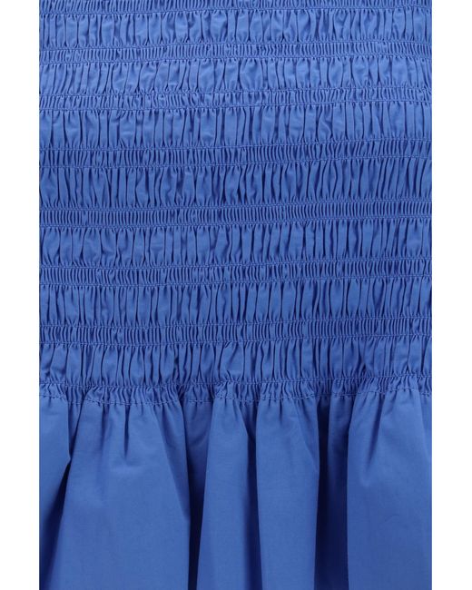 Ganni Blue Ruched Cotton Top With Side Bows Cotton; Elastane