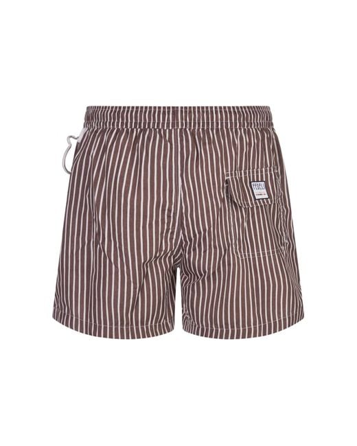 Fedeli Brown And Striped Swim Shorts for men