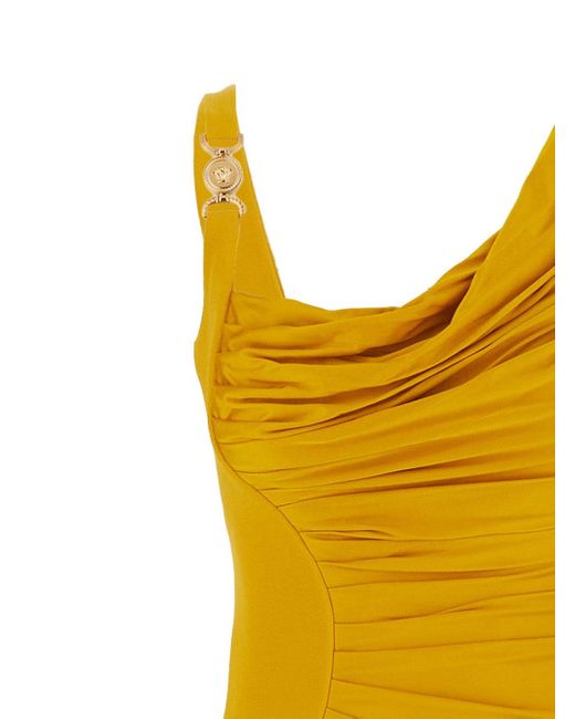 Versace Yellow Sleeveless Long Dress With Medusa Plaque On The Front Draping