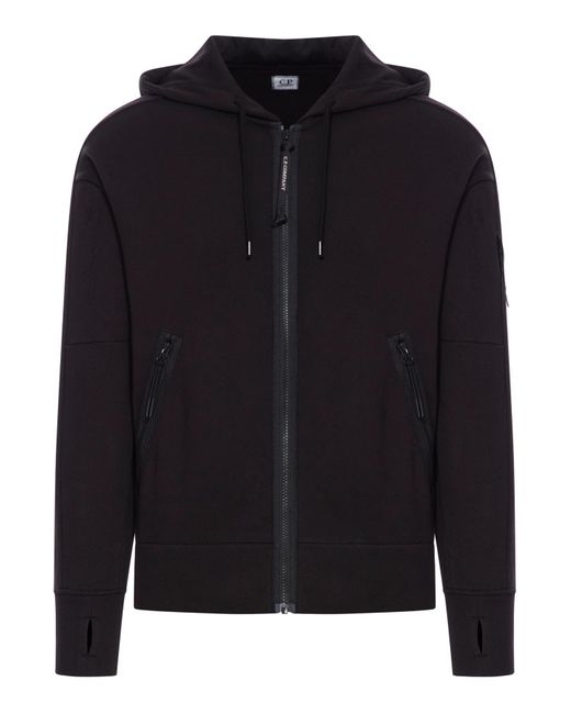 C P Company Black Diagonal Raised Fleece Full Zip Hooded Sweatshirt for men