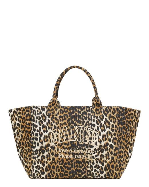 Ganni Metallic Tote Bag Leopard Print Recycled Cotton Handbags