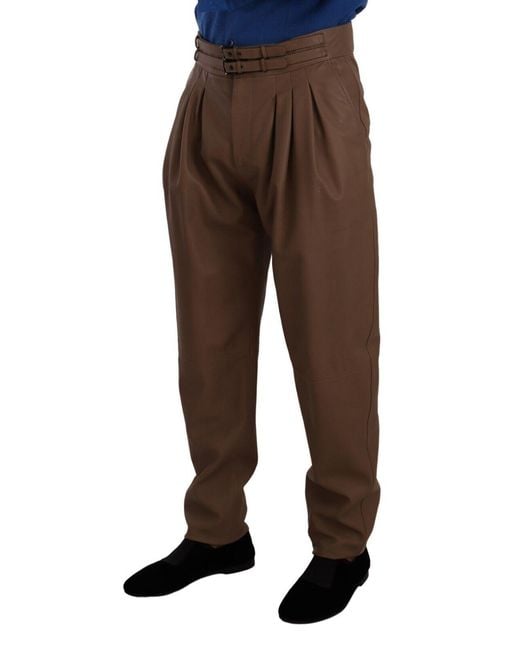 Dolce & Gabbana Black Brown Leather Tapered High Waist Pants for men