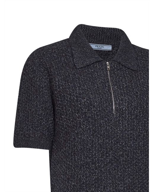 Prada Black Knit Polo Shirt Textured Melange Viscose Knitwear