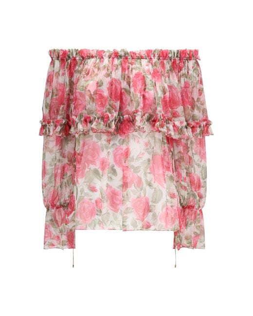 Chloé Pink Chloé Off-Shoulder Floral Print Silk Top