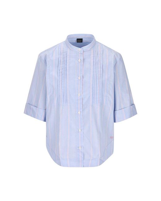 Fay Blue Poepelin Shirt With Mandarin Collar