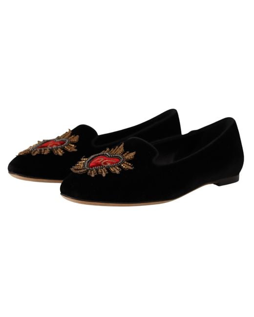 Dolce & Gabbana Black Velvet Dg Heart Loafers Flats Shoes