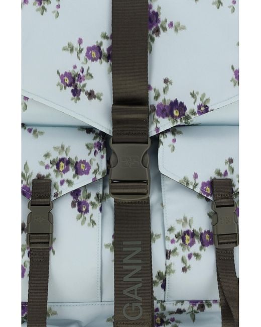 Ganni Blue Re-Tech Nylon Backpack With Floral Pattern Polyester Backpacks