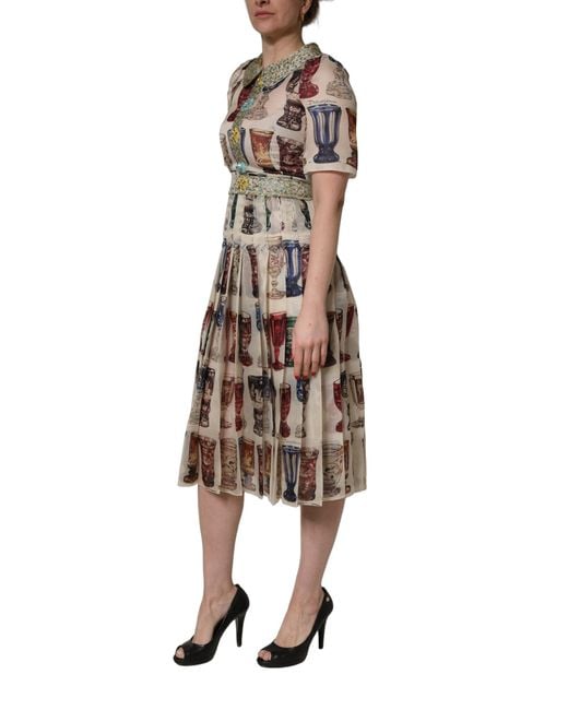 Dolce & Gabbana Natural Vintage Glassware Midi Dress Silk Cotton Nylon Elastane