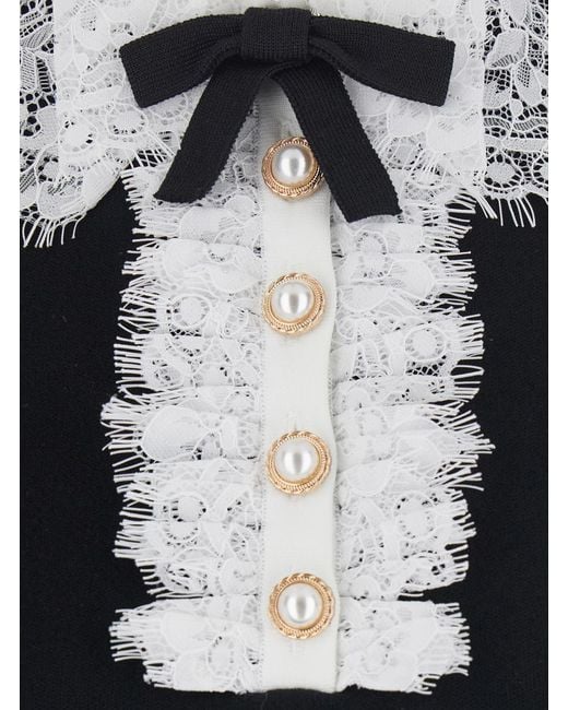 Self-Portrait Black Top With Lace Collar, Wool Tops