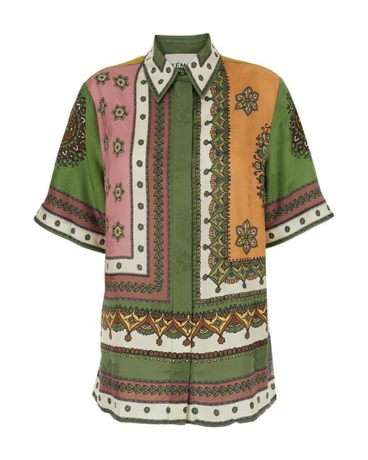 ALÉMAIS Green Shirt Contina With Classic Collar And All-Over Geometric Print