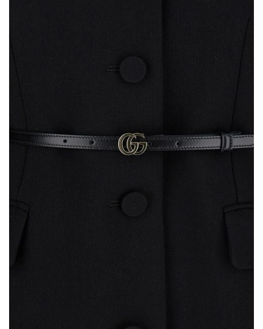 Gucci Black Jacket With Classic Collar And Belt With Double G Detail