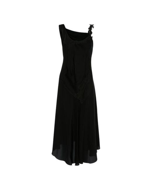 Victoria Beckham Black Crepe Back Satin Midi Dress With Draping And Tone-On-Tone Lace Inserts