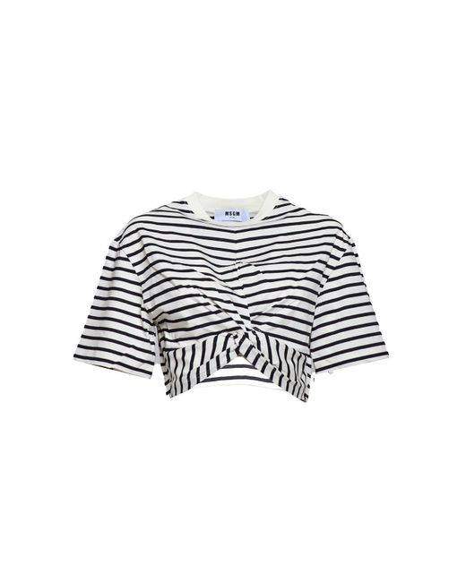 MSGM White Twist-Detailed Striped Cropped T-Shirt