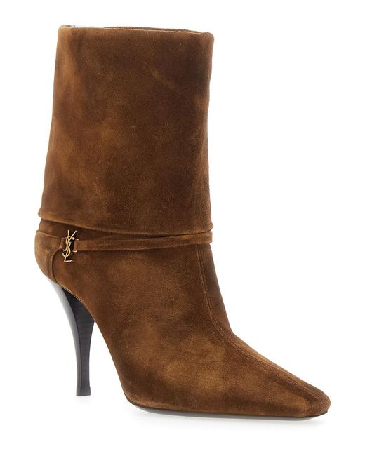 Saint Laurent Brown Ankle Strap Booties Niki Suede Calf Leather Boot