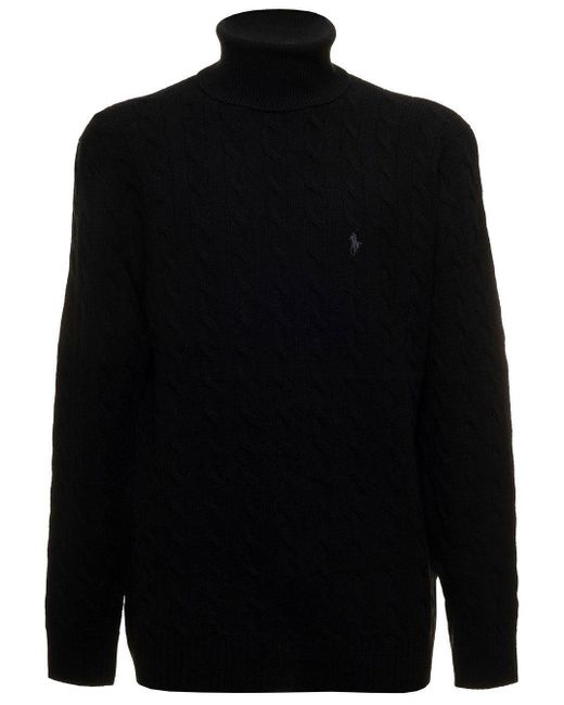 Polo Ralph Lauren Black Turtleneck In Cable Wool And Cashmere Knit With Contrast Logo Embroidery On The Chest Man for men