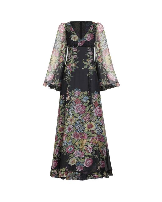 Etro Gray Silk Long Dress With Floral Motif
