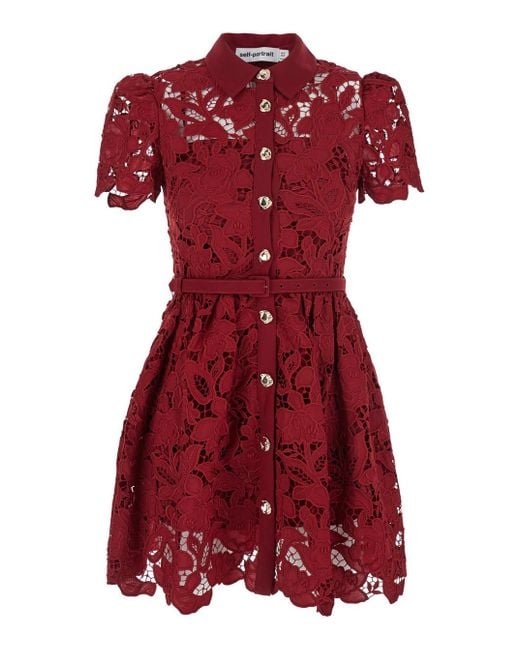 Self-Portrait Burgundy Lace Collared Mini Dress