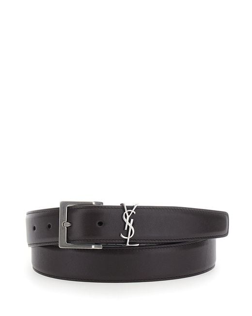 Saint Laurent Gray Belt Cassandre Plate Leather Calf for men