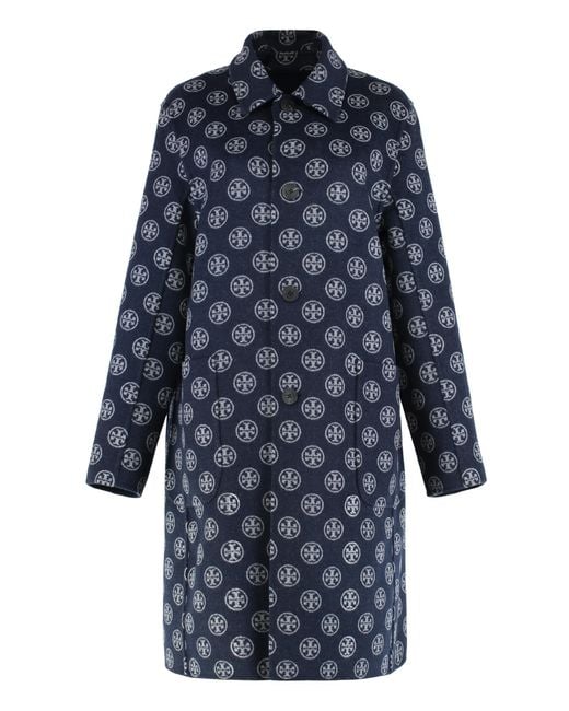 Tory Burch Blue Reversible Wool Coat
