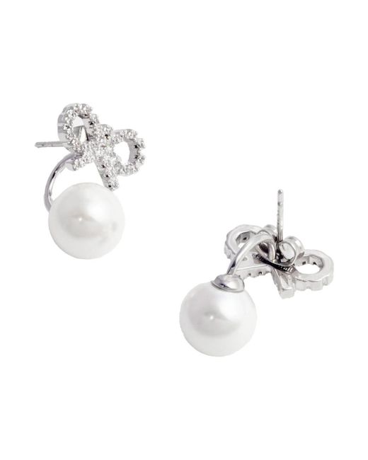 Self-Portrait White Metallic Earings With Bow Charm And Faux-Peal Detail