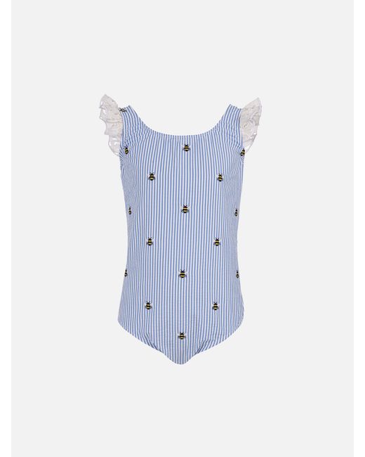 Mc2 Saint Barth Girl Seersucker Cotton One Piece Swimsuit Tilda With Ruffled Straps Bluette