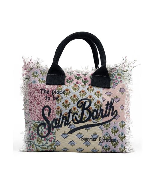 Mc2 Saint Barth Black Colette Cotton Canvas Shopper With Floral Print